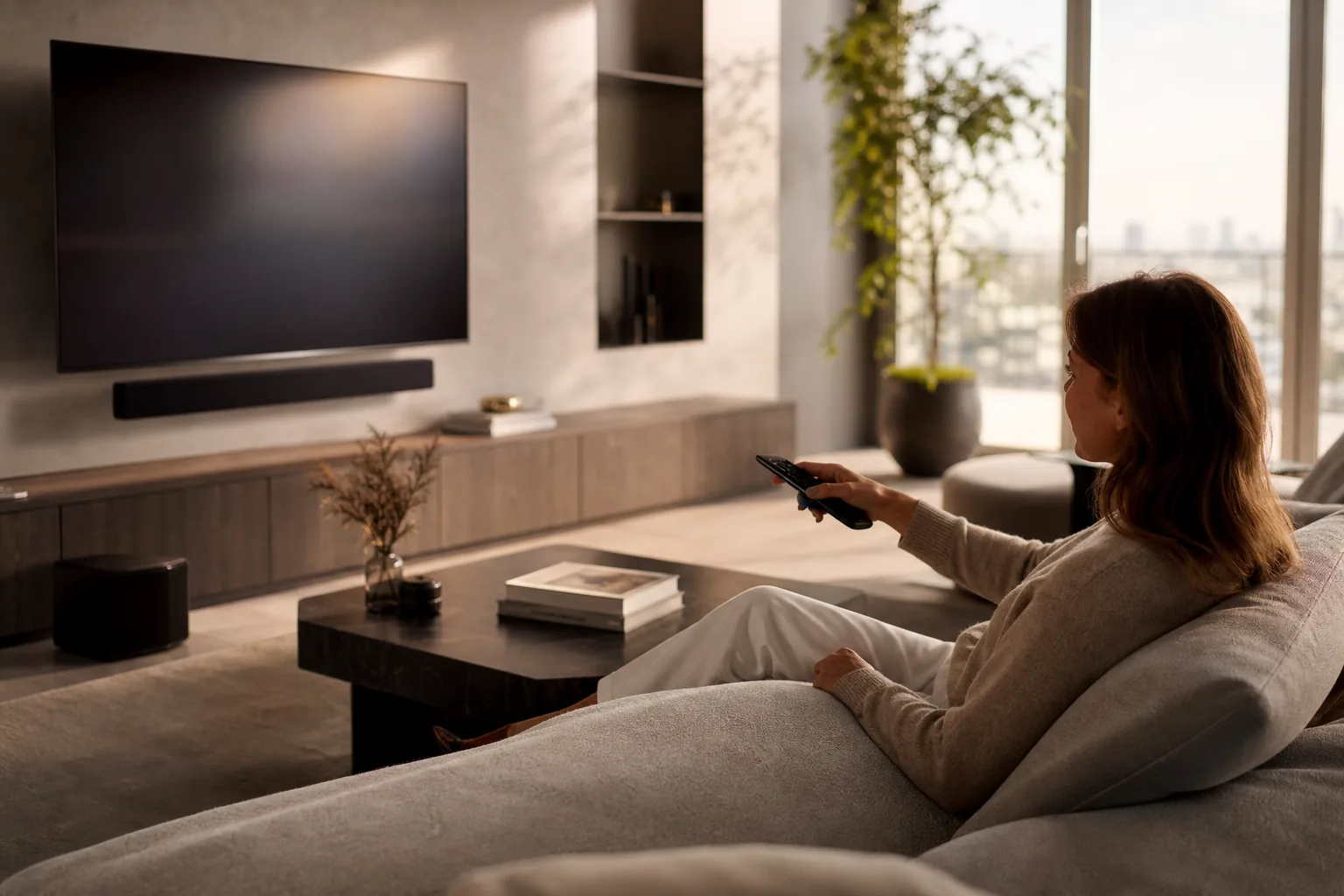 Pessoa utilizando IPTV em Smart TV no ambiente residencial
